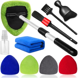 Qydipclin 10pcs Windshield Cleaning Tool Inside Car Window Cleaner Wash Kit with 4 Reusable Microfiber Pads 1 Spray Bottle and Extendable Handle Interior Auto Glass Wiper Kit, Multicolor