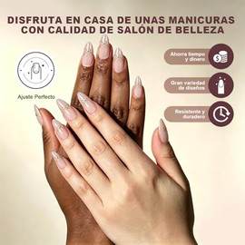 Uñas Postizas con Punta Francesa, Uñas Press on para Manos, Cortas y Puntiagudas en Forma de Almendra con Acabado UV, Kit de Uñas Semitransparentes de