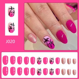 Coconut Tree Press on Nails Hot Pink Almond Fake Nails Glossy Pink Gold Glitter False Nails Cute Summer Coconut Trees Full Cover Glue on Nails Reusable Acrylic Nails for Women Girls Daily Wear 24Pcs