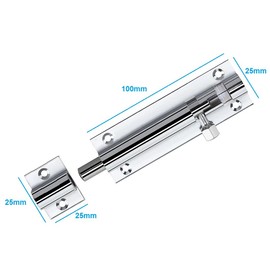 TERF® Door Bolt Polished Chrome Barrel Slide Lock 100mm [4''] Door Latch with Screws Ideal for Internal and External Doors Locks for Bedroom Bathroom Toilet Shed Gate Cupboards and Cabinets - 100mm