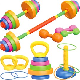 6-in-1 Kids Weight Set- Adjustable Dumbbell, Barbell, Kettlebell, Ring. Pretend Play Kids Workout Equipment, Kid Exercise Equipment Toy Toddler Weights Gym Set Bench Workout Gift for Baby Boy Girl