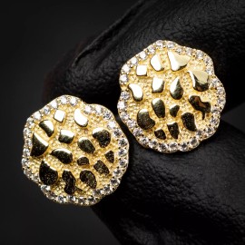 Tsv Jewelers Round Yellow Gold Plated Sterling Silver Men's Circle Nugget Stud Earrings