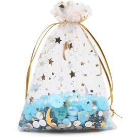 LOAVER 100PCS Organza Drawstring Gift Bags,4.7x3.54 Inch White Star Moon Jewelry Sheer Pouch for Wedding Party Favor Supply