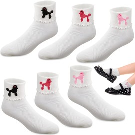 Hercicy Womens Bobby Sock 3 Pairs Poodle Applique 50s Costumes for Girls Poodle Socks for Kids Children Adults Retro Party (Rose Red, Light Pink, Black)