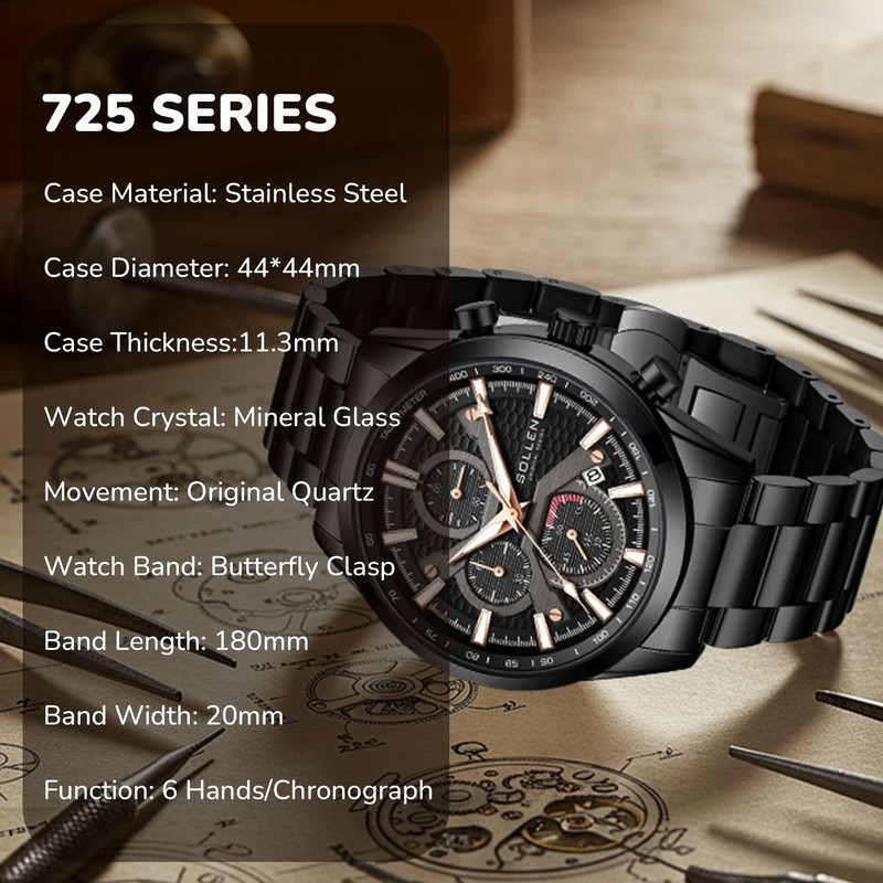 Black Men's Chronograph Watches, Classic Luxury Dress Analog Quartz Watch