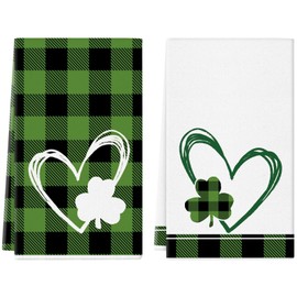 QIONG MENG St. Patrick's Day Kitchen Towels Set of 2 Love Heart Shamrock Buffalo Plaid Dish Towels Seasonal Cooking Drying Hand Towels Home Decorations 18x26 Inch