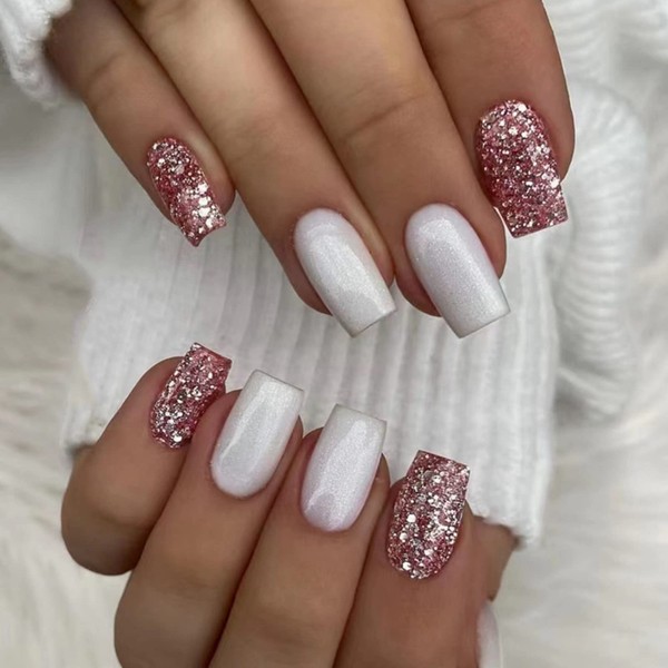 JUSTOTRY Pack of 24 Rose Glitter Press On Nails Square