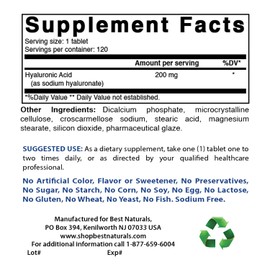 Best Naturals Hyaluronic Acid 200 mg 120 Tablets (Non-GMO, Gluten Free) - Promotes Youthful Healthy Skin & Healthy Joint Function (120 Count (Pack of 1))