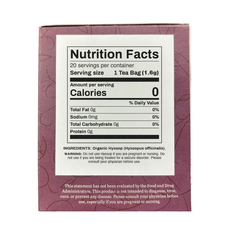 Organic Positively Botanicals Company, Hyssop Herbal Tea Bags, 20 Count