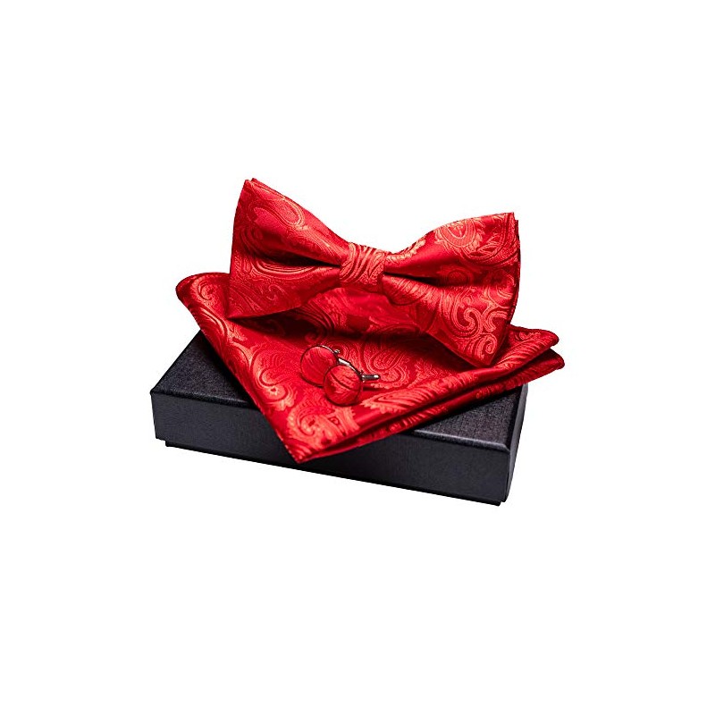 JEMYGINS Men's Paisley Pattern Bow Tie, Cuffs, Buttons, Handkerchief Set,