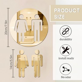 2pcs Men and Women Bathroom Sign, 7.87 x 7.87 Inch Acrylic Restroom Signs for Door, Bathroom Door Signs for Office Business(Gold)