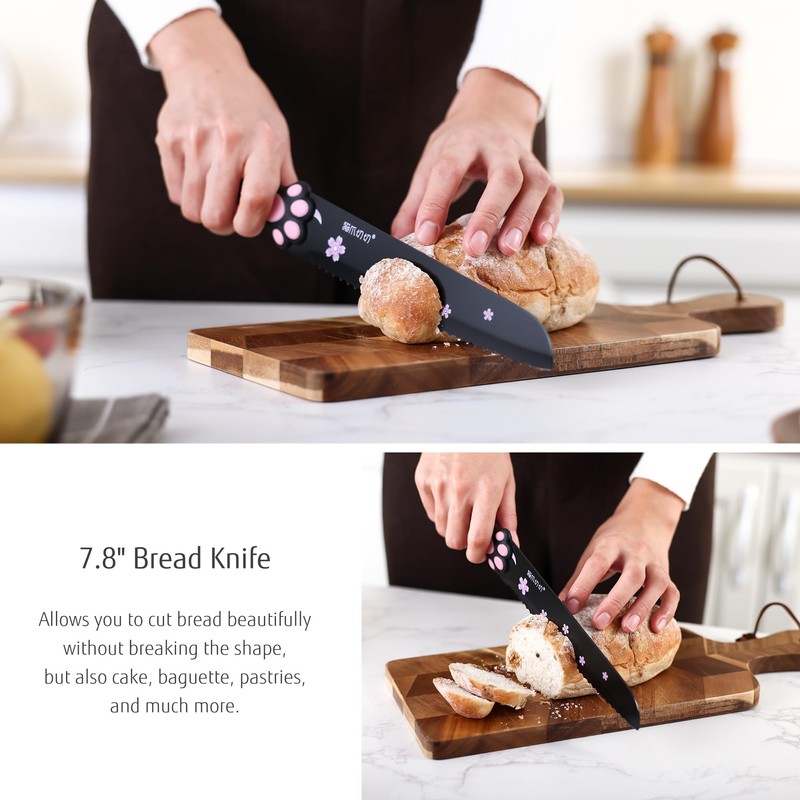 MEOWKIT Cute Kitchen Knife Set, Dishwasher Safe, 5 pieces Non-Stick