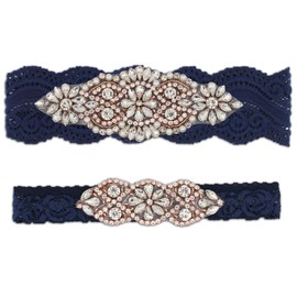 GARGALA Wedding Garters for Bride with Non-Slip Silicone, Navy Blue Lace Bridal Garter Set with Rose Gold Rhinestones Crystal Pearl (Navy Rose Gold, XL)