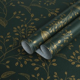 Heroad Brand Peel and Stick Wallpaper Dark Green and Gold Wallpaper Boho Peel and Stick Wallpaper Floral Contact Paper Leaf Removable Wallpaper Self Adhesive for Cabinet Shelf Liner Vinyl 118" x 17.3"