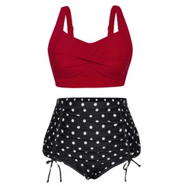 Hanna Nikole 2 Piece Women High Waisted Bikini Plus Size Tummy Control Ruched Bathing Suit Classic Polka Dots 16
