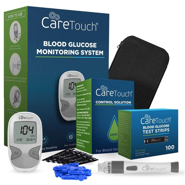 Care Touch Diabetes Testing Kit - Blood Glucose Monitor, 100 Blood Glucose Care Touch Test Strips, 100 30-Gauge Lancets, Lancing Device, Battery & Control Solution - Blood Sugar Testing and Monitoring
