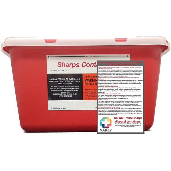 Sharps Container 1 Gallon - Large - Puncture Resistant for Safe Needle Disposal - Approved for Home and Professional use Plus Vakly Biohazard Waste Disposal Guide (1 Pack)