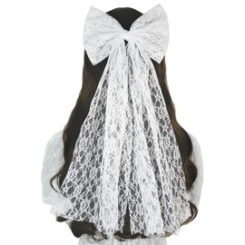 Arocooy Short Wedding Veil White Bridal Bow Veils Clip Lace Embroidered Bachelorette Party Veil Bride Accessories for Women Girls