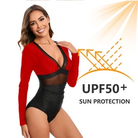 NESY Women's Long Sleeve Rash Guard Swimsuits One Piece Bathing Suit UV Protection Surfing Suit Zipper Printed Swimwear, 0-sy567044-heihong, XX-Large