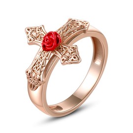 Lmoneta Cross Rose Ring Sterling Silver Cross Rose Gold Plated Ring for Women, Sterling Silver, No Gemstone