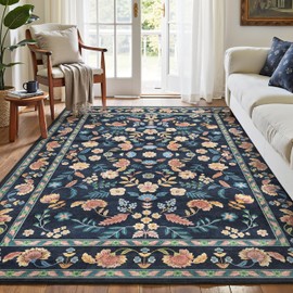 PureCozy Washable Area Rugs for Living Room 5x7 Non Slip Indoor Cute Soft Throw Low Pile Kids Nursery Rug Thin Boho Floral Print Carpet for Office College Dorm Laundry Dining Room Bedroom