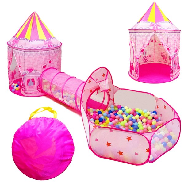 LOJETON 3pc Princess Fairy Tale Kids Play Tent, Oval Crawl Tunnel, Ball Pit for Toddlers, Indoor & Outdoor Playhouse Castle Toys, Baby Boys Girls Gift for 3 4 5 6 7 Years Old, Lightweight