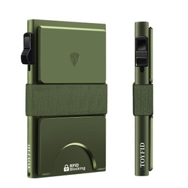 TOYFID Slim Wallet for Men, Metal Card Holder, Minimalist Pop Up Men's Wallet, RFID Blocking Business Card Holder with Backplate and Money Strap for Quick Card Access, Green, Modern