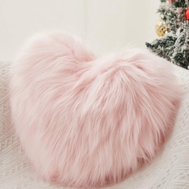 ESSECMBS Fluffy Heart Pillows Super Soft Heart Shaped Throw Pillows Faux Fur Sofa Cushions Valentines Day Decorations Indoor (Pink, 40cm/16inch)