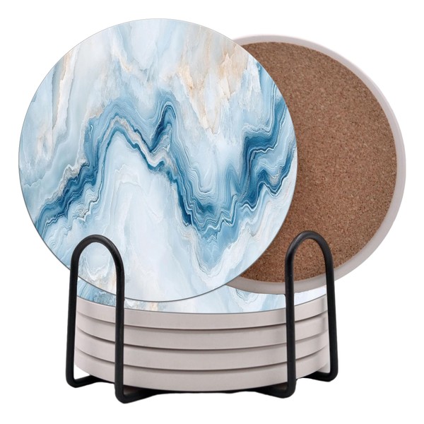 Blue Agate Marble Round Coasters Set of 6 - Abosrbent