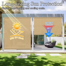Amagenix Outdoor Roller Shade 6'(W) X 6'(H), Exterior Cordless Patio Shades Roll Up Outdoor Blinds with 90% UV Protection, Two-Section Poles with One-Piece Fabric, Sesame