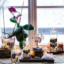 Zeyune 16 Set Glass Cylinder Vases for Centerpieces with 10000 Clear Water Filler Gel Beads 24 Floating Candles 132 Pearl and Diamond 8 Pcs Light String for Wedding Home Table Decoration (Black, Gold)