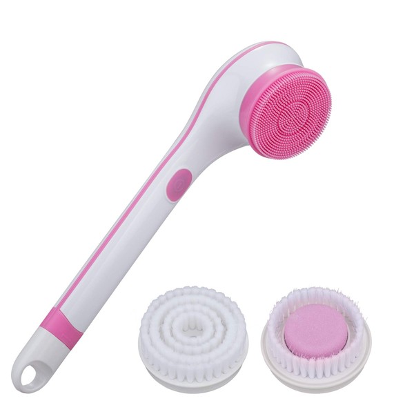 BEWEBEME Electric Body Brush - 3 in 1 Waterproof Long Handle Silicone Bath Brush for Exfoliating SPA Massage, 3 Replacement Brush Heads (Battery Excluded)