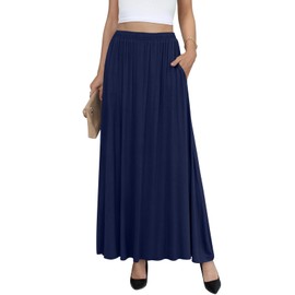 Yincro Womens Maxi Skirt Casual Flowy Elastic High Waist Long Skirts with Pockets (Navy Blue, 2XL)