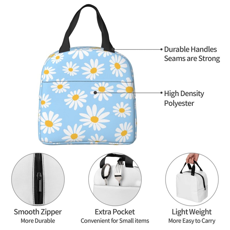 Echoserein Pretty Floral Daisy Light Blue Lunch Bag Insulated Lunch