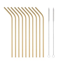 10 Pcs Stainless Steel Straws, Reusable Drinking Straws, Bent Metal Straw Sets with 2 Pcs Cleaning Brushes (Gold, 8.5 Inch)