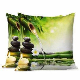 Beabes Pillow Case Green Bamboo Pattern White Flower Stones with Flow Water and Burning Candle Soft Decorative Set of 2,Square Home Decor Pillow Covers for Sofa Bedroom Car Couch 18X18 Inch