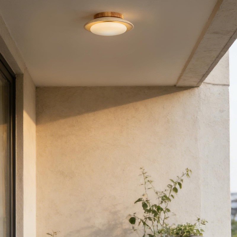 9.8'' Yellow Travertine Flush Mount Ceiling Lamp with Wood Base