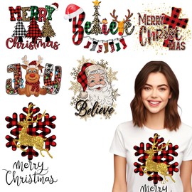 6Pcs Christmas Iron on Transfers Brown-Red Stripe Gold Glitter Designs Iron on Stickers Christmas Dwarf Reindeer Alphabet Tree Iron on Decals Heat Transfer Stickers Applique for Clothing Pillow Cover