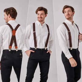 LazarsSpace Heavy-Duty X-Back Suspenders for Men with Four Premium Clips 1 3/8" Elastic Adjustable Straps Brown
