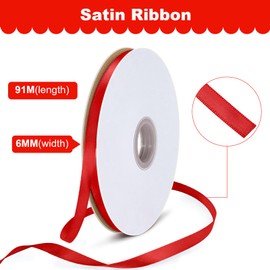 Bealif 91m Red Satin Ribbon Red 6mm Fabric Thick Ribbon for Hair Bows, Gift Wrapping, DIY Sewing Project, Christmas Xmas New Year Wedding Birthday Decoration (Red)