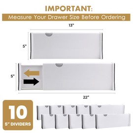 RAPTUROUS Adjustable Drawer Dividers, 4" Tall, Expandable 11-17", 5-Pack, Non-Slip for Dresser, Closet, Kitchen, Nursery, and Office (White)