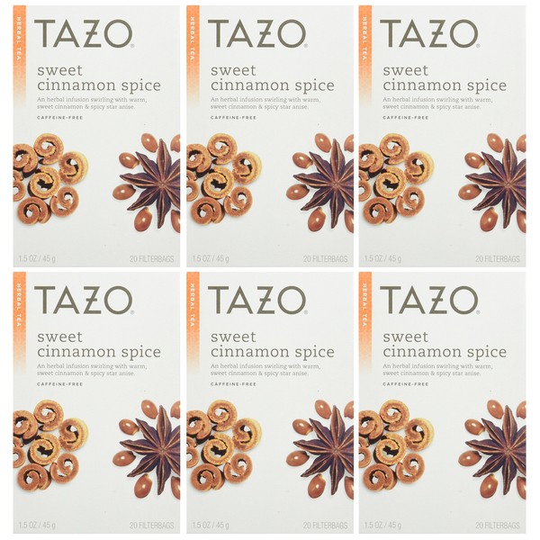 Tazo Sweet Cinnamon Spice Herbal Infusion Tea, Caffeine Free, 20-Count Tea Bags (Pack of 6)