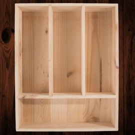 Wooden Unpainted 4 Compartment Cutlery Tray Utensil Sorter Drawer | 31 x 25 x 7 cm | Tabletop Presentation Box Tidy Organiser Four Sections Insert | Natural Unpainted Wood