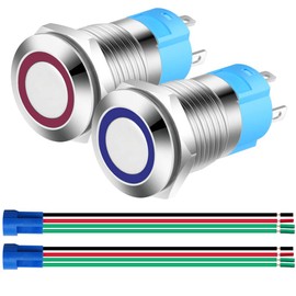 Gebildet 2pcs 0.47 Inch/12mm Stainless Steel Momentary Push Button Switch 12V-24V 3A LED Normally Open SPST ON Off Waterproof Toggle Switch with Wire Socket Plug (Blue+Red,Each Color 1pc)