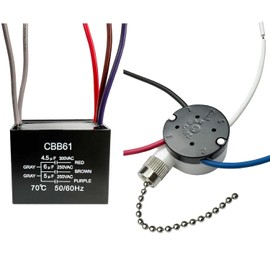 YukiHalu Ceiling Fan Pull Chain Switch 3 Speed 4 Pre-Installed Wires, Ceiling Fan Capacitor CBB61 4.5uf + 6uf + 5uf 5 Wire 250V, Light Switch for Fan and Light (Nickel, 4.5+6+5uF)