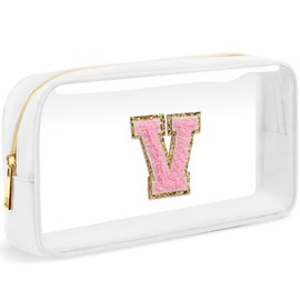 LOFOWN Initial Clear Makeup Bag Small Cosmetic Bag Travel Toiletry Bag Clear Zipper Pouch Purse Organizer Bags for Women, White-M, V, Initial Makeup Bag