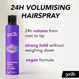 Got2b Spray para cabello, Volumania, fijación de raíz a punta de hasta 24 horas, extra volumen, fórmula vegana, 300ml.