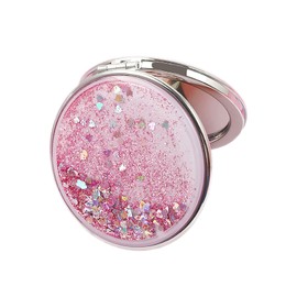 HSYHERE - Espejo de maquillaje creativo de arena movediza de doble cara, portátil, compacto, con purpurina, plegable, a la moda, espejo de mano portátil, bolsillo de viaje, espejo de maquillaje (redondo-rosa)