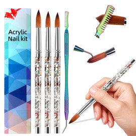 Nail Art Acrylic Brush Set - 3 Sizes (8#/12#/14#) with Cleaning Comb, Decorative Handle Design for Professional & Home Nail Art, Manicure, and Acrylic Nail Application
