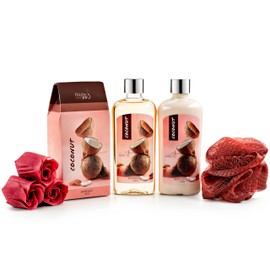 Coconut Spa Gift Basket Bath & Body Set with Shower Gel, Body Lotion, Bath Salts, Soap Flowers, Bath Sponge in a Wicker Basket (Pink & Brown Set)